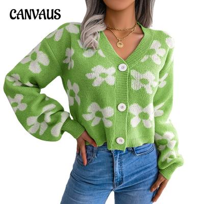 Jesienna i zimowa damska kurtka rozpinana Moda Collision Color Flower Lantern Sleeve Cardigan Sweter Jacket Top