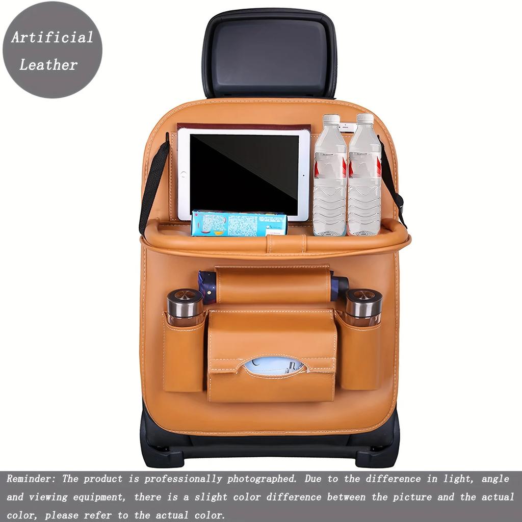 Luxury PU Leather Car Seat Storage Bag - Multifunctional Suspended Tray With Handle Ideal for Snacks Books & Toys Organizer