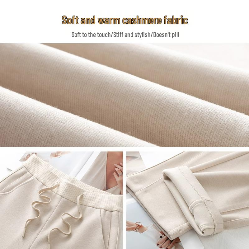 Pantaloni largi de cașmir gri pentru femei, căptușiți cu fleece, amestec de lână, lungi până la podea, toamnă și iarnă 2024.