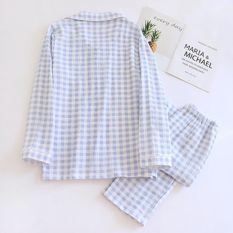 Updated Spring Couple Pajamas Kit 100 Cotton Long-sleeved Trousers Two-piece Plaid Mens and Womens Home Clothes