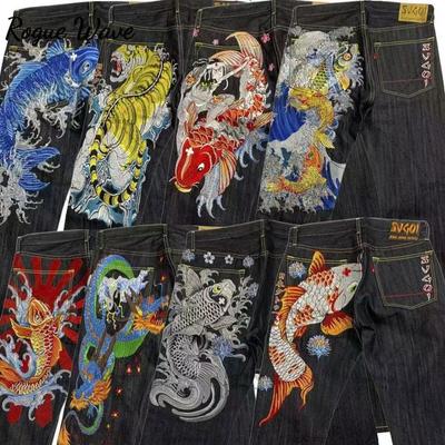 Jean taille haute RogueWave Rétro Japonais Personnalisé Imprimé pour Couples avec Grandes Poches pour Streetwear Y2K