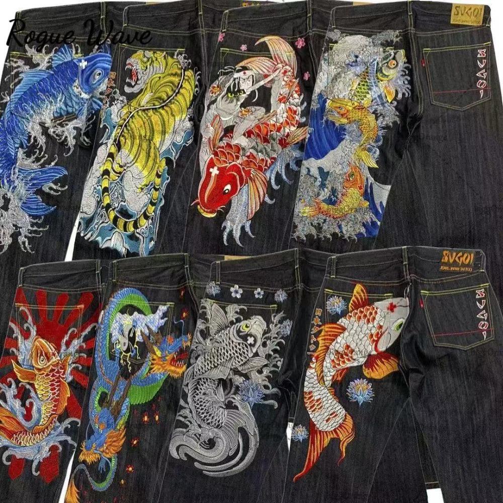 RogueWave Japonské Retro Personalizované Tištěné Džíny s Vysokým Pasem pro Páry s Velkými Kapsami pro Street Wear Y2K Džínové Kalhoty