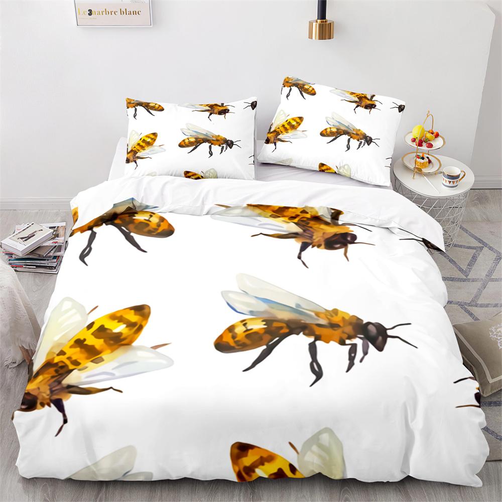Bee Duvet Cover Set Watercolour Painting Cartoon Cute Wildlife Comforter Cover King Queen for Kids Girl Polyester Bedding Set