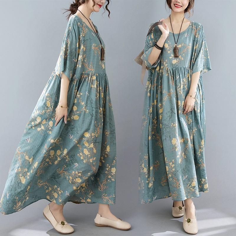 Short Sleeve Oversize Cotton Vintage Women Casual Loose Long Dresses