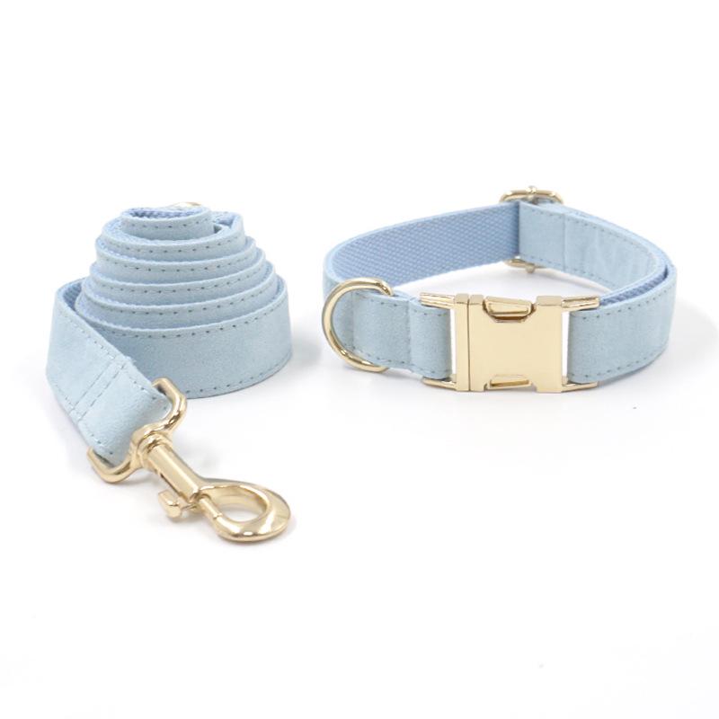 Miha Boss Gold Buckle Light Blue Engraved Dog Collar & Leash Set XS