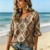 Blusa Casual Diária Feminina com Estampa Geométrica Aztec de Diamantes, Gola com Laço, Babados, Manga 3/4, Estilo Vintage Western Boho