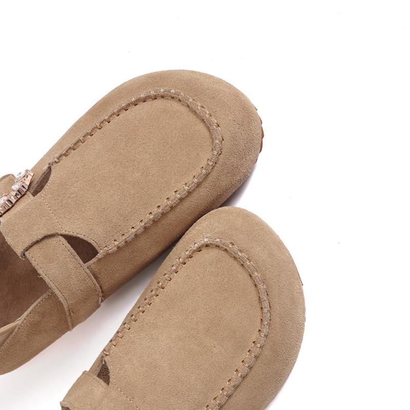 Fashion Women's new genuine leather cow suede round toe with a raised rhinestone belt buckle inside the heel, retro casual single shoe