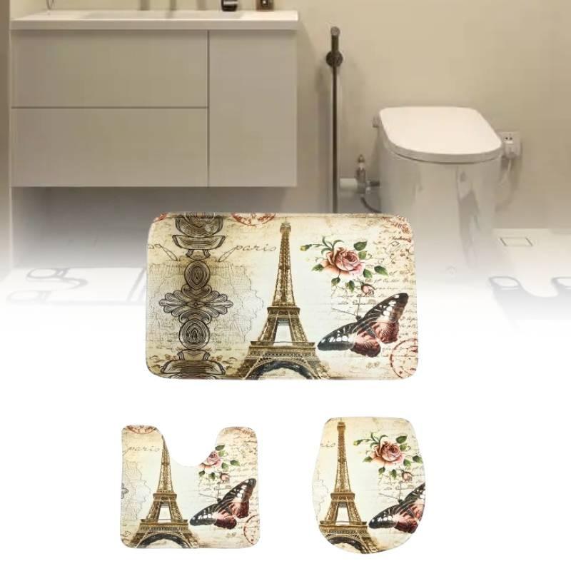 Butterfly Printed Tower Toilet Carpet Three Piece Set Anti Slip Mat Bathroom
