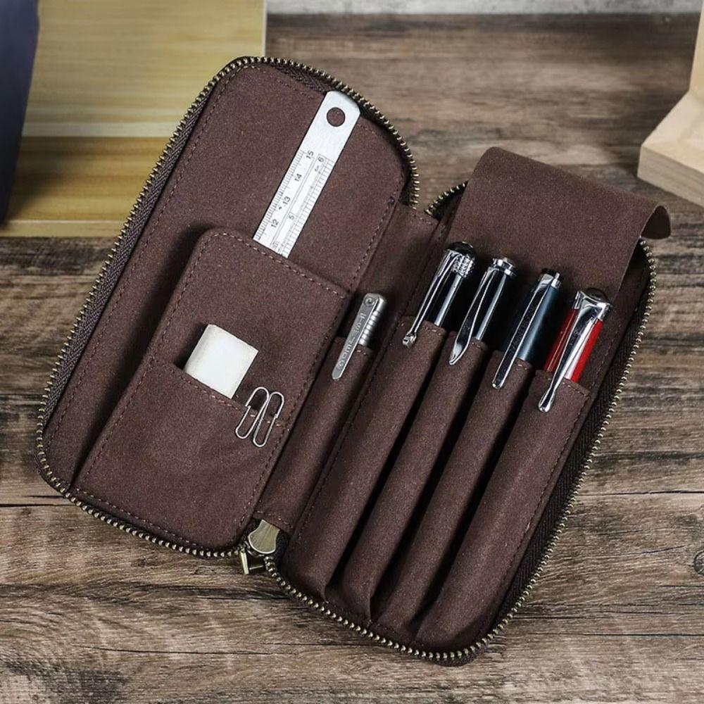 Vintage Style Genuine Leather Pencil Case 4 Slots Design Pen Case Pencil Bag Office Supplies