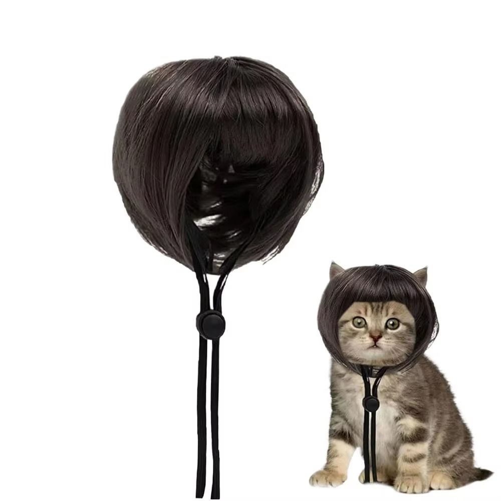 Exposed Ear Design Pet Bob Wig Adjustable Fit Cat Cosplay Wig Cat Fake Hair  Holiday Photography