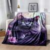 Purple Cat with Flowers Print Fleece Blanket, Warm Throw Blanket for Sofa, Bed, Office, Gift Idea