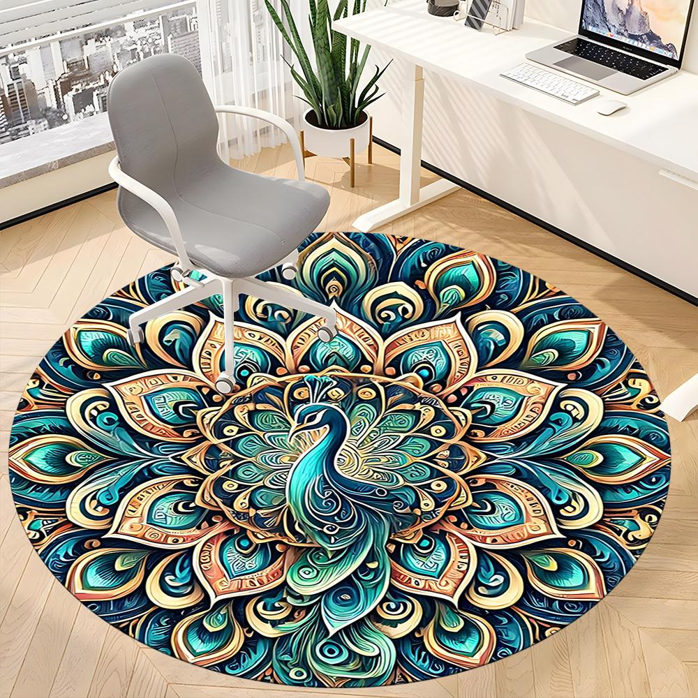 1pc Peacock Mandala Office Round Area Rug, Under Office Chairs Bedroom Living Room Home Decor, Room Deco