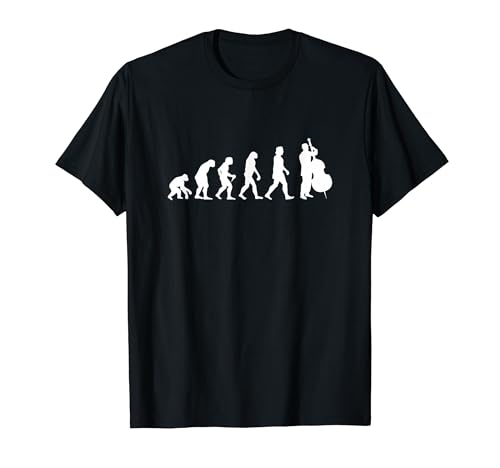 Funny double bass t-shirt featuring human evolution, classical music, jazz, bass, and music lovers.