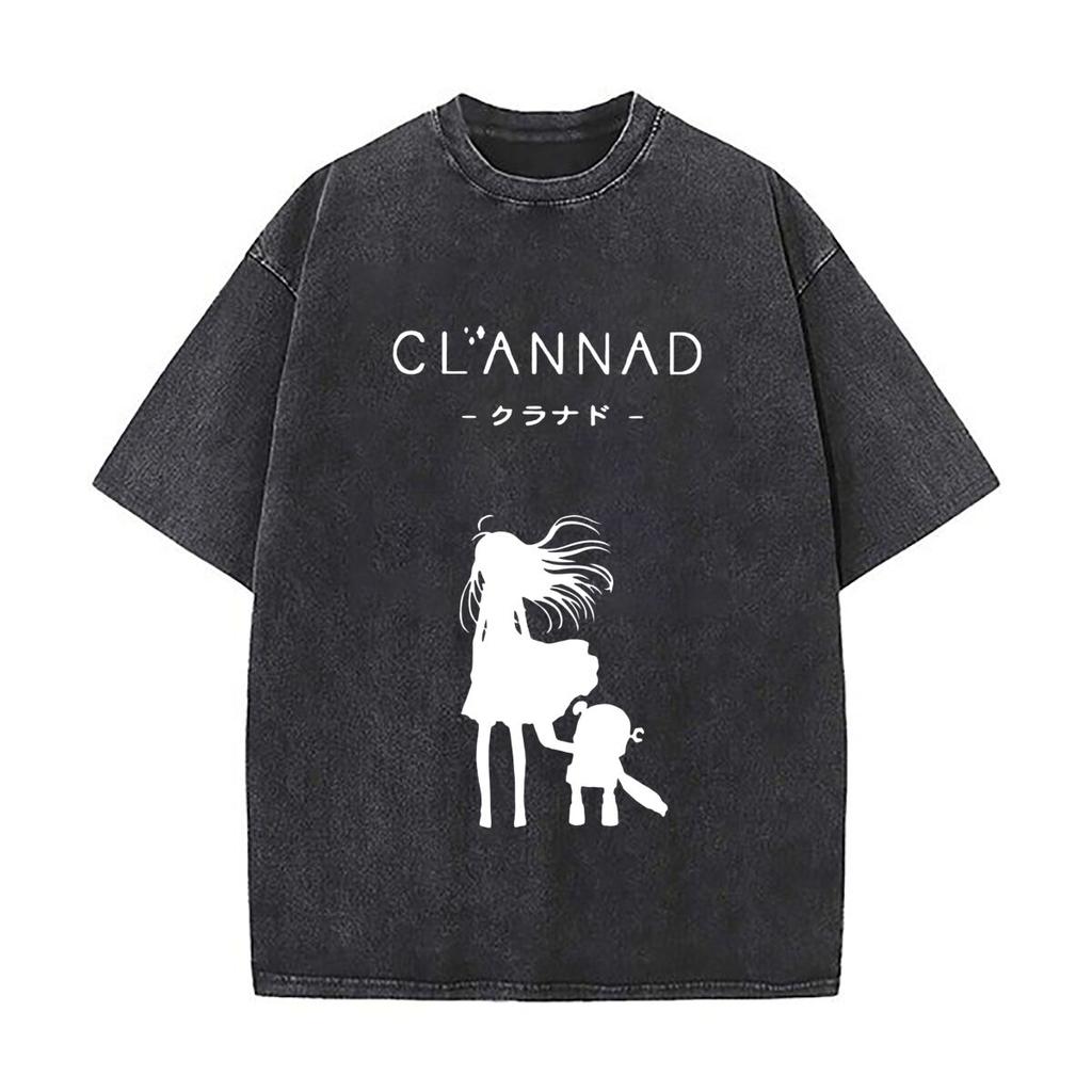 Clannad Anime Silhouette Washed Vintage Short Sleeve Loose StreetwearTops Tee