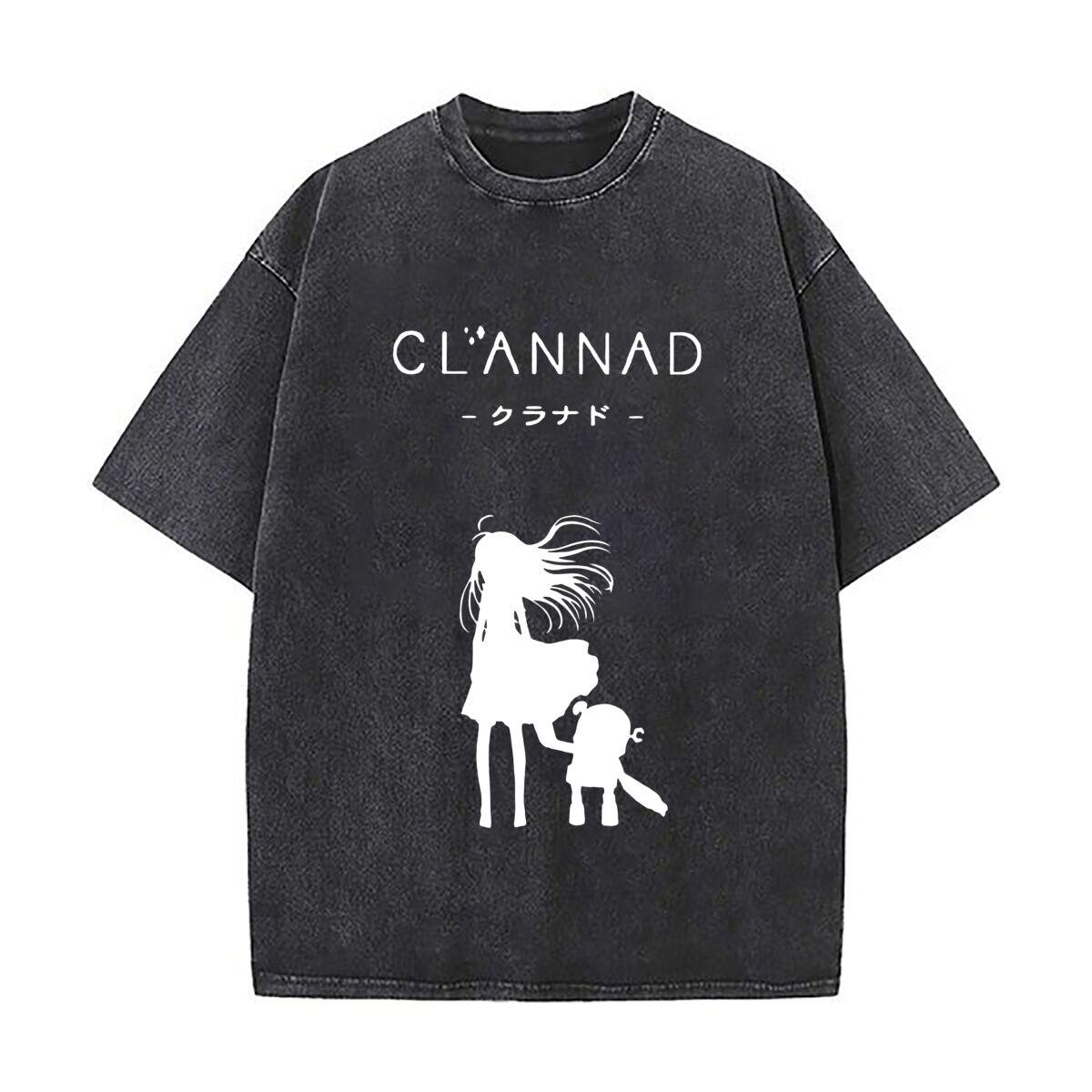 Clannad Anime Silhouette Washed Vintage Short Sleeve Loose StreetwearTops Tee S