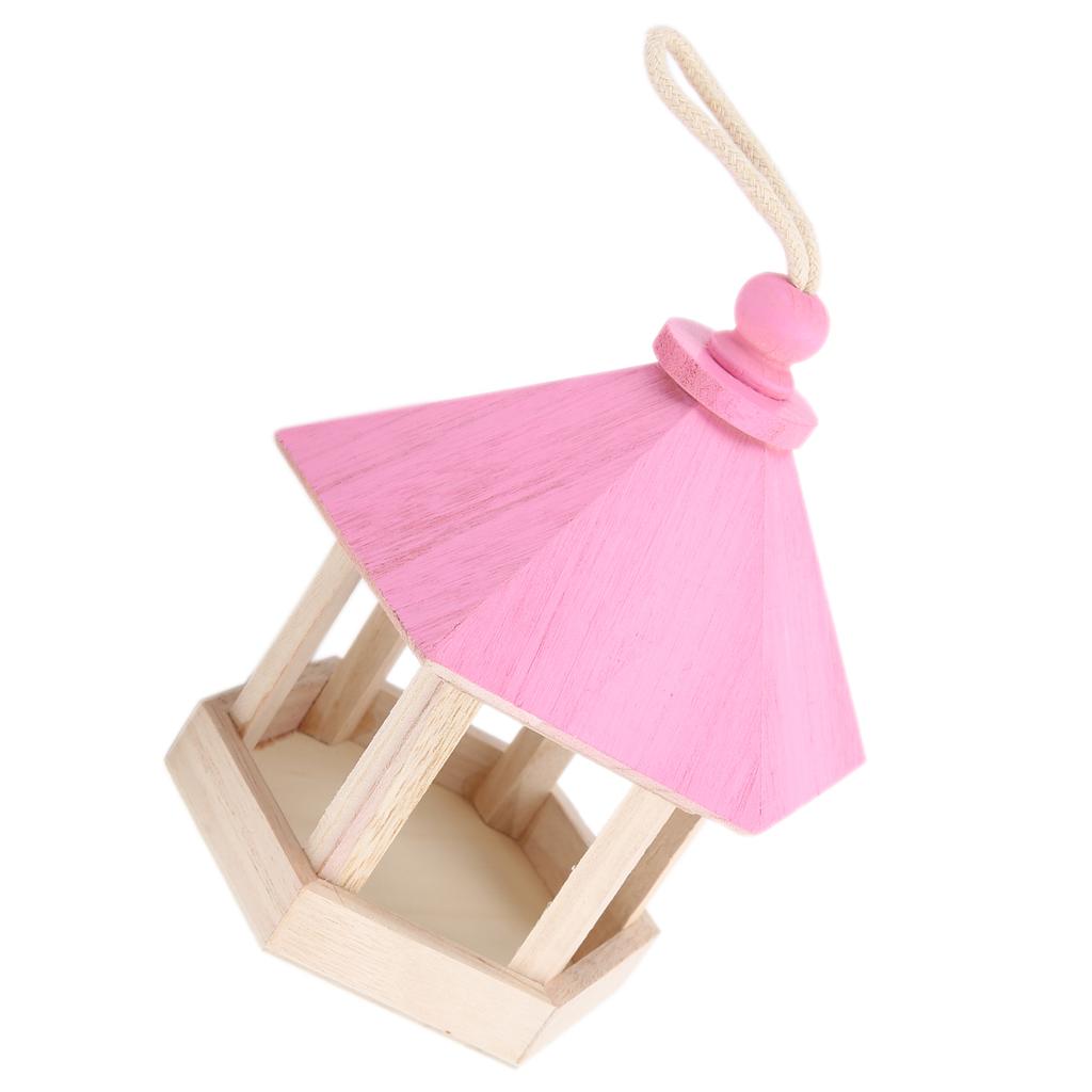 Wooden Bird Feeder Handmaking Outdoor Hanging Parrots Birdhouse Feeder with RoofPink