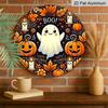 2D Flat, 1pc Vintage Metal Spooky Halloween Wall Sign - Round Aluminum Wall Hanging Decor with Ghosts, Pumpkins, Bats & Cobwebs - Featherless