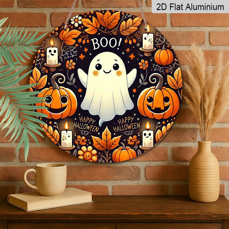 2D Flat, 1pc Vintage Metal Spooky Halloween Wall Sign - Round Aluminum Wall Hanging Decor with Ghosts, Pumpkins, Bats & Cobwebs - Featherless