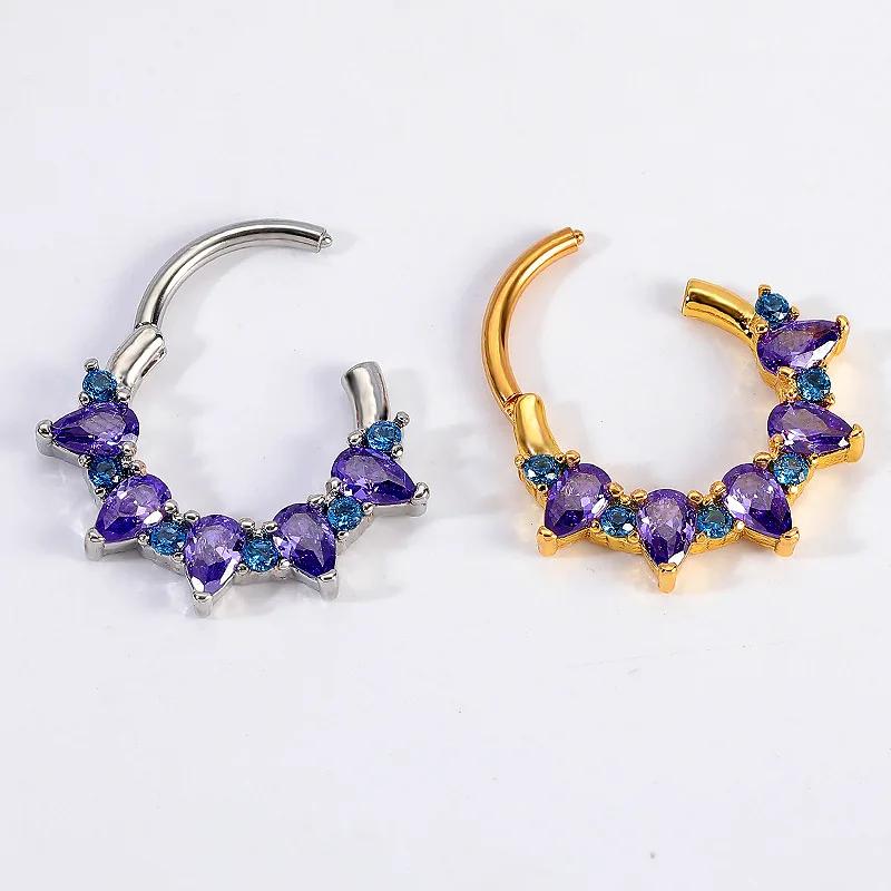 Fashion Gold Color Nose Rings for Women Earrings Surgical Steel Septum Ring Purple Cubic Zirconia Falso Nose Septum Piercing