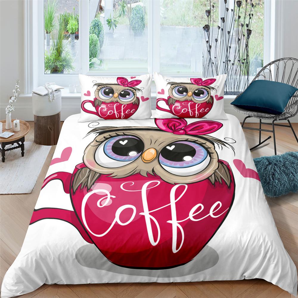 Cartoon Owl King Queen Duvet Cover Gray Cute Animal Bedding Set Pink Orange Grey Flowers Comforter Cover Polyester Quilt Cover