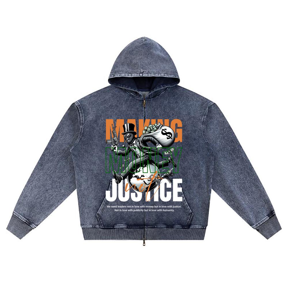 

Худи на молнии из вязаного денима с DTG-принтом Making Money Not Justice Brother Print XL темно-синий