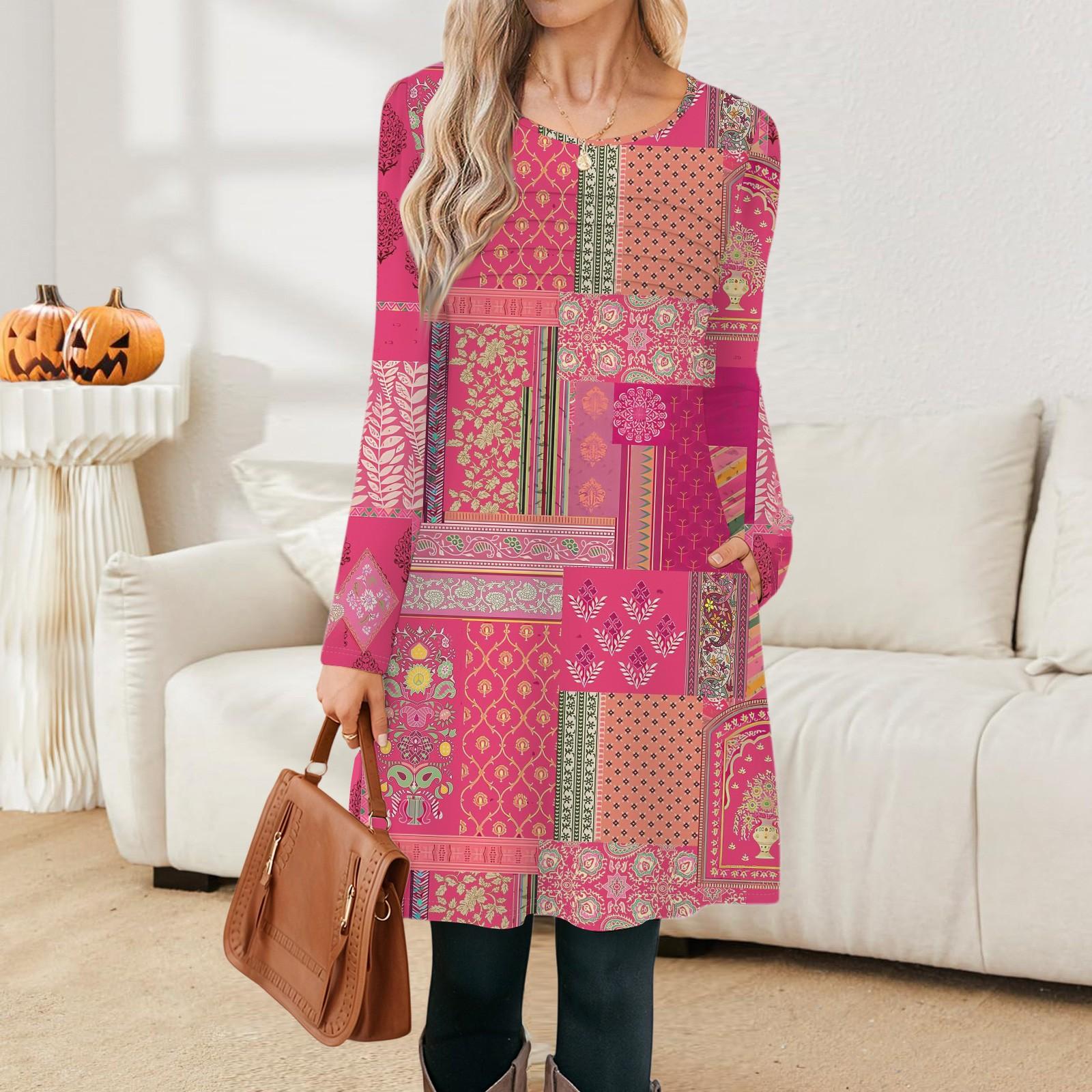 

Женские повседневные модные платья с длинным рукавом, с графическим принтом, винтажные, с карманами L