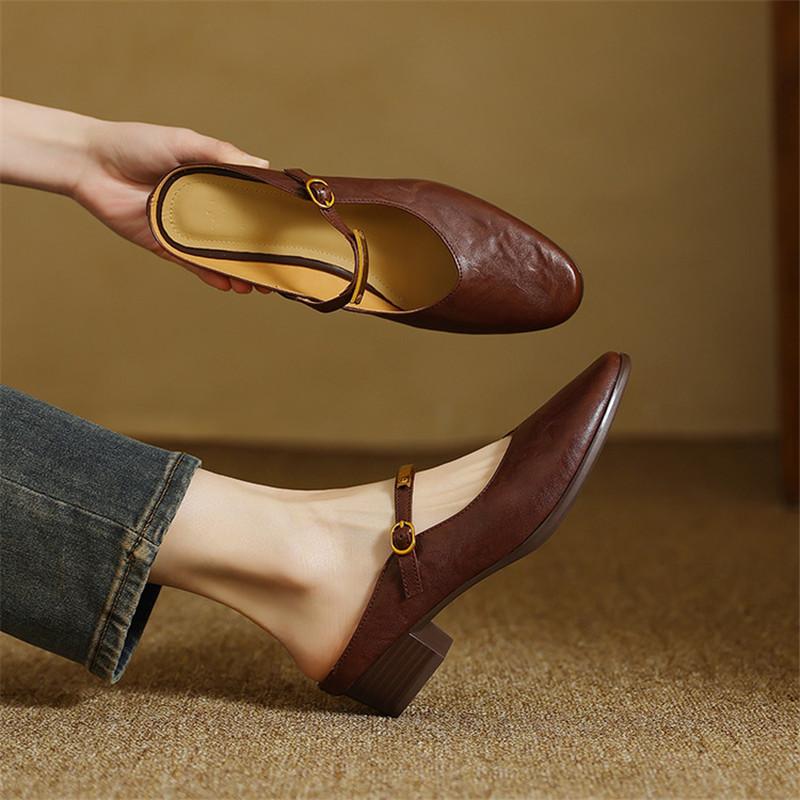 Fashion New Summer Slippers Summer Shoes Round Toe Mules Low Heels Sandals for Women Handmade Genuine Leather Sandals Ladies Shoes