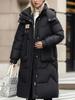 Solid Color Zip-Up Hooded Coat, Versatile Warm Quilted Detail Long Sleeve Mid-length Coat for Winter, Women's Clothing