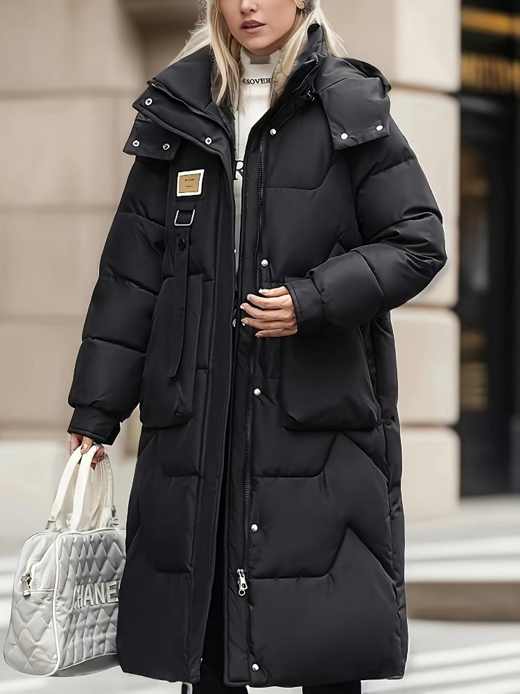 Solid Color Zip-Up Hooded Coat, Versatile Warm Quilted Detail Long Sleeve Mid-length Coat for Winter, Women's Clothing