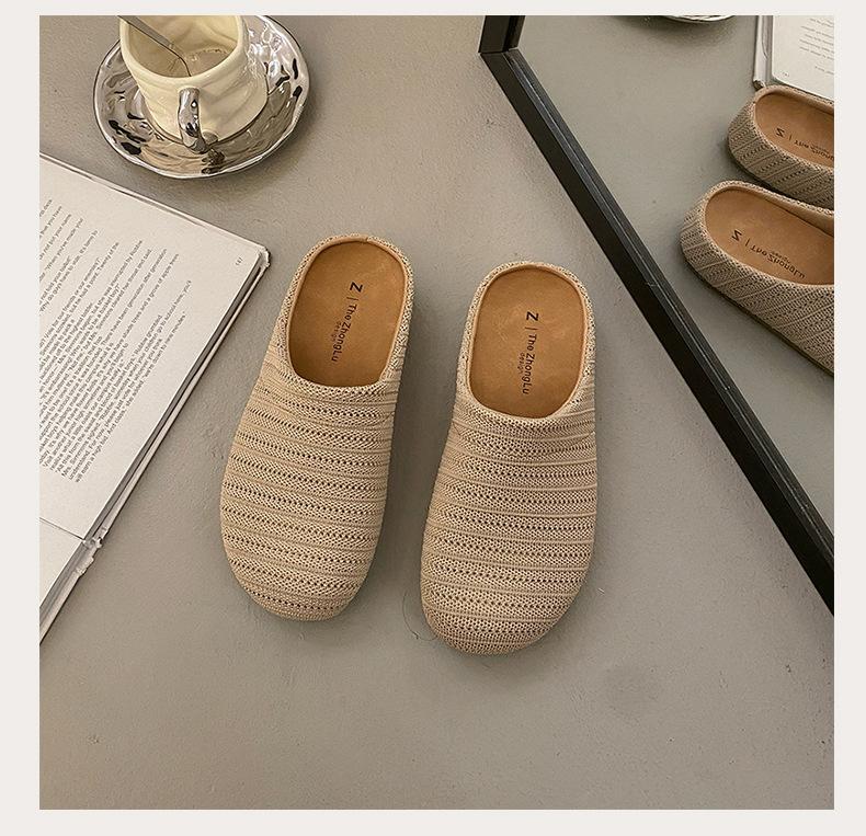 Retro Niche Woven Bag Head Half Slippers Women's Outer Wear Summer Lazy One Pedal Comfortable Soft Sole Square Head Muller Shoes