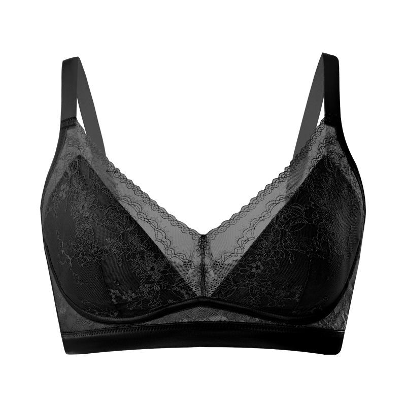 Silk rimless breathing underwear, mulberry silk lace small V-neck gathered and closed breast bra M чёрный