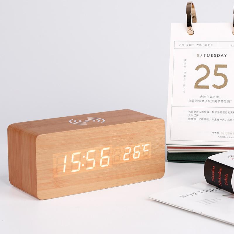 Wireless Charging Clock Sound Control Clock Wooden Clock Smart Wireless Charging Temperature Alarm Clock Electronic Digital Wooden Clock