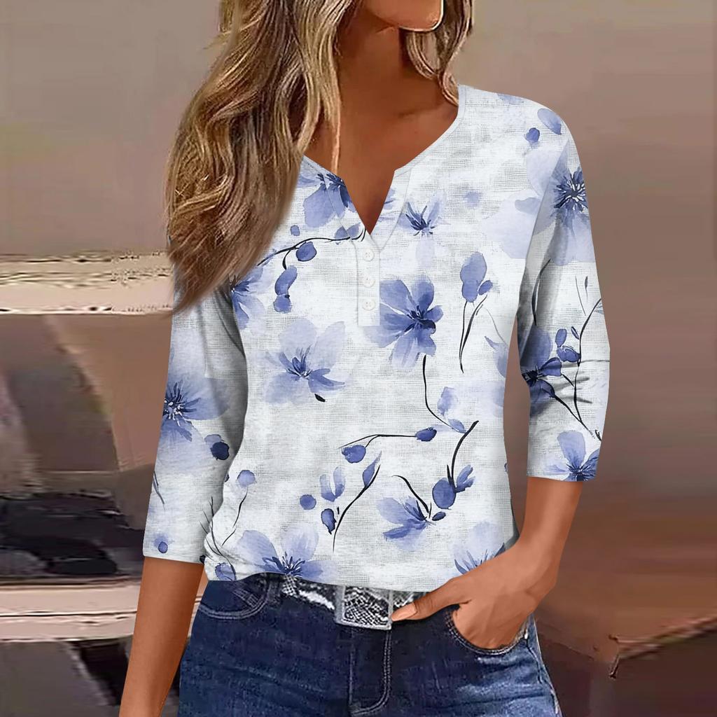 Women's Loose Casual Flower Print Seven Quarter Sleeved V-Neck Top Seven Quarter Sleeved V-Neck Top