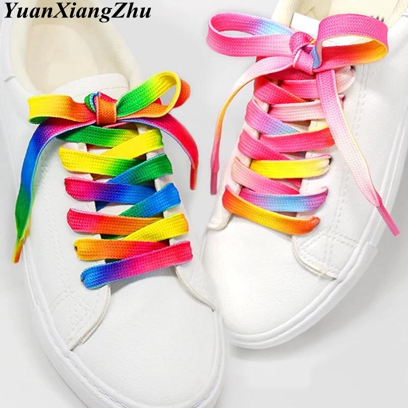 1 Paar Kleurrijke Veters Regenboog Kleurverloop Print Platte Canvas Schoenveters Schoenen Casual Chromatische Kleur Veters 80CM/100CM/120CM BC-1