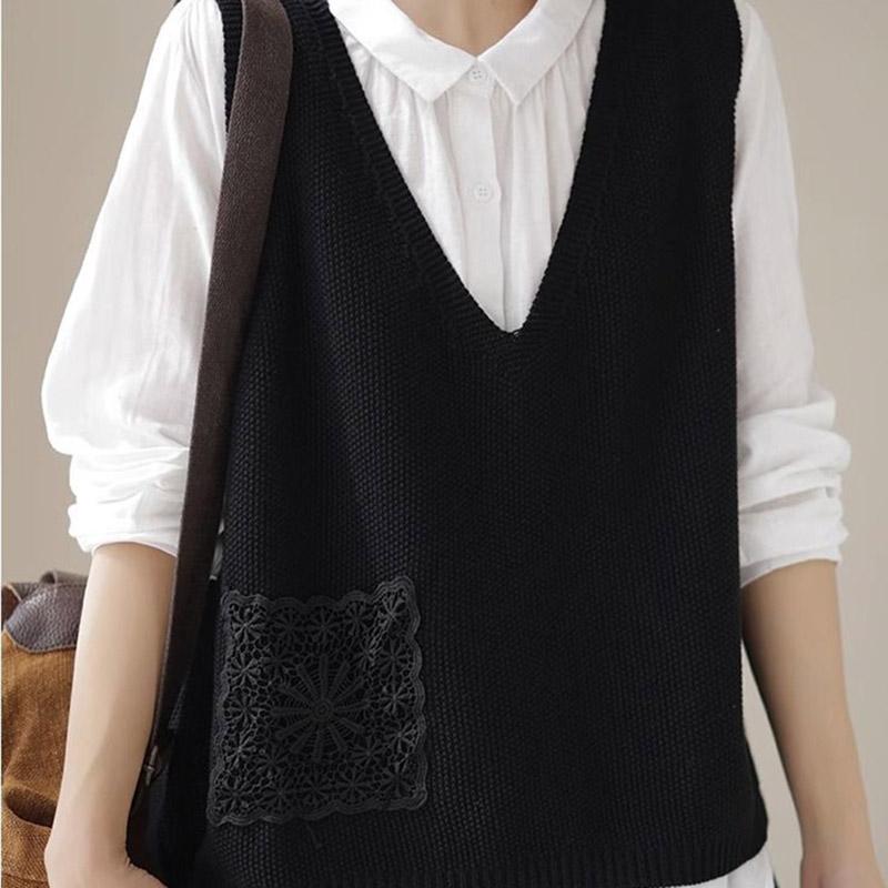 Vest for Women Cotton Summer Lace-Up Pocket Tops Knitted Sweater Vest Oversize Casual V-neck Vest