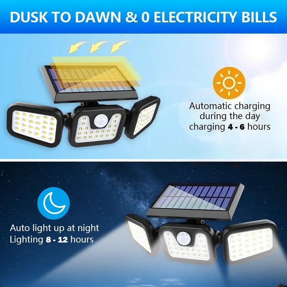 3 Head Solar Lights Outdoor Waterproof Motion Sensor Light 270° Illumination Led Solar Flood Lights Wall Lamp Garden Yard Patio