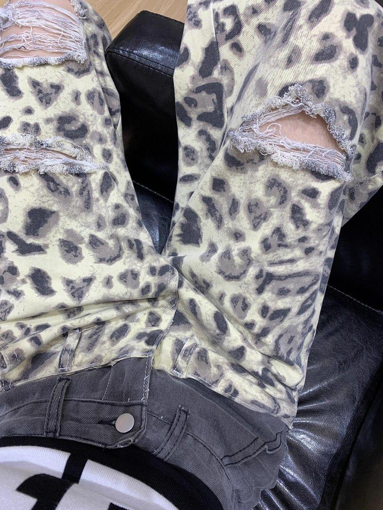 Women's Leopard Print Ripped Wide-Leg Jeans with Double Waistband - Slimming Patchwork Floor-Length for Early Autumn.
