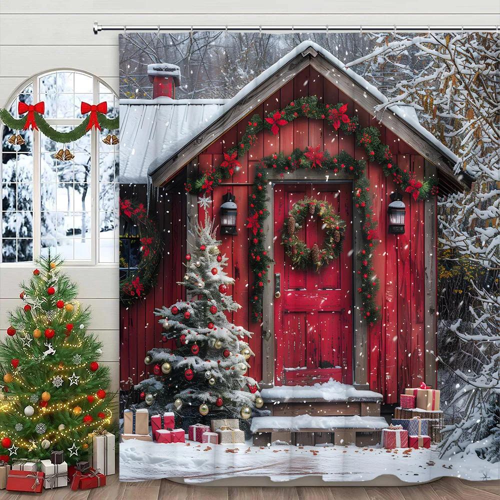 Christmas Shower Curtain Winter Holiday Farm Mantel Stockings Gifts Rustic Pine Home Polyester Fabric Bathroom Decor Curtain Set
