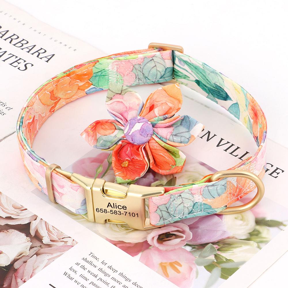 Customized Dog Collar Nylon Print Pet Dog Collars Personalized Pet ID Necklace With Cute Flower For Small Medium Large Dogs Pug