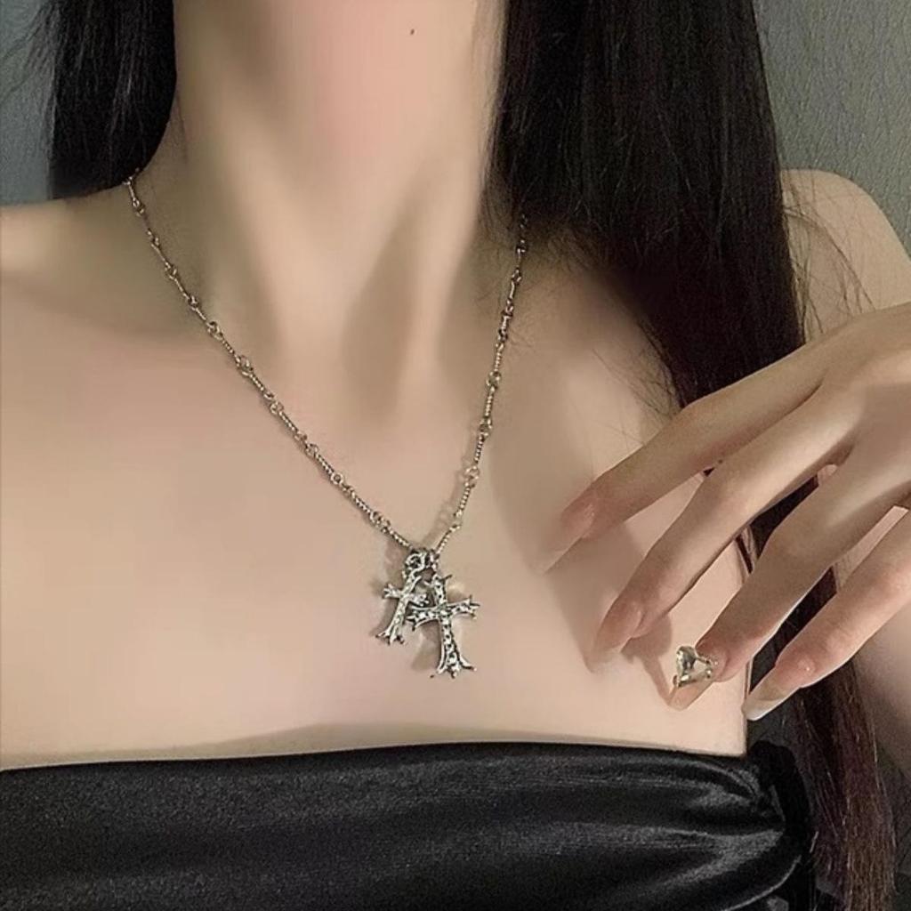 Unisex Zircon Cross Double Layer Beaded Necklace