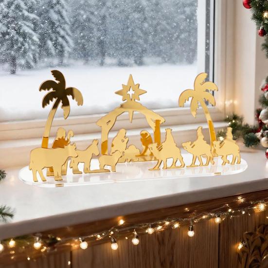 Office Holiday Decor Christmas Acrylic Ornament, Mirrored Golden Silhouette Scene, Decorative Modern Craft Desktop Display for Living Room Fireplace