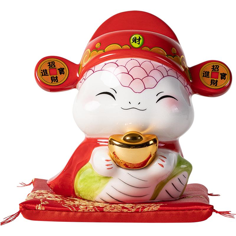 

5 Inch Ceramic Snake Money Box Statue Animal Decoration Figure Ophidian God of Fortune Ornament Centerpiece Ingot Wealth Mascot