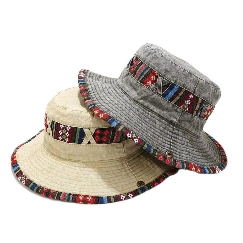 New Ethnic Style Fisherman's Hat Adjustable Retro Hiking Cap Washed and Distressed Style Fashion Sun Cap