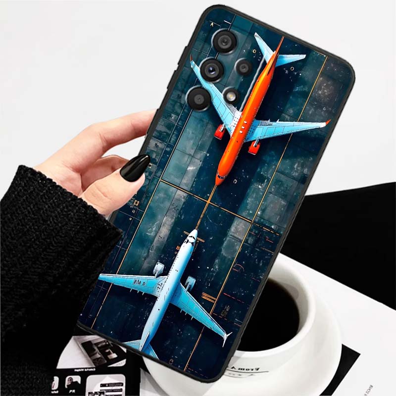 Fashion airplane pattern For Samsung A73 A72 A71 A55 A54 A53 A52 A51 A13 A22 A16 A15 A12 A14 A26 A07 5G Black Phone Case