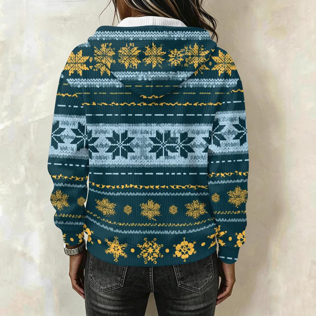 Women's Fashion Christmas Print Long Sleeve Hooded Pullover Sweatshirt Top