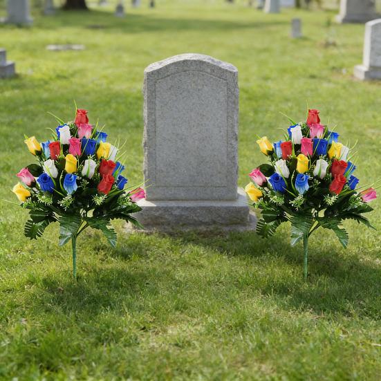 Artificial Cemetery Flower 24 Heads Faux Silk Rose Bush Memorial Rose Flower Bouquet for Headstones Gravesite Vase