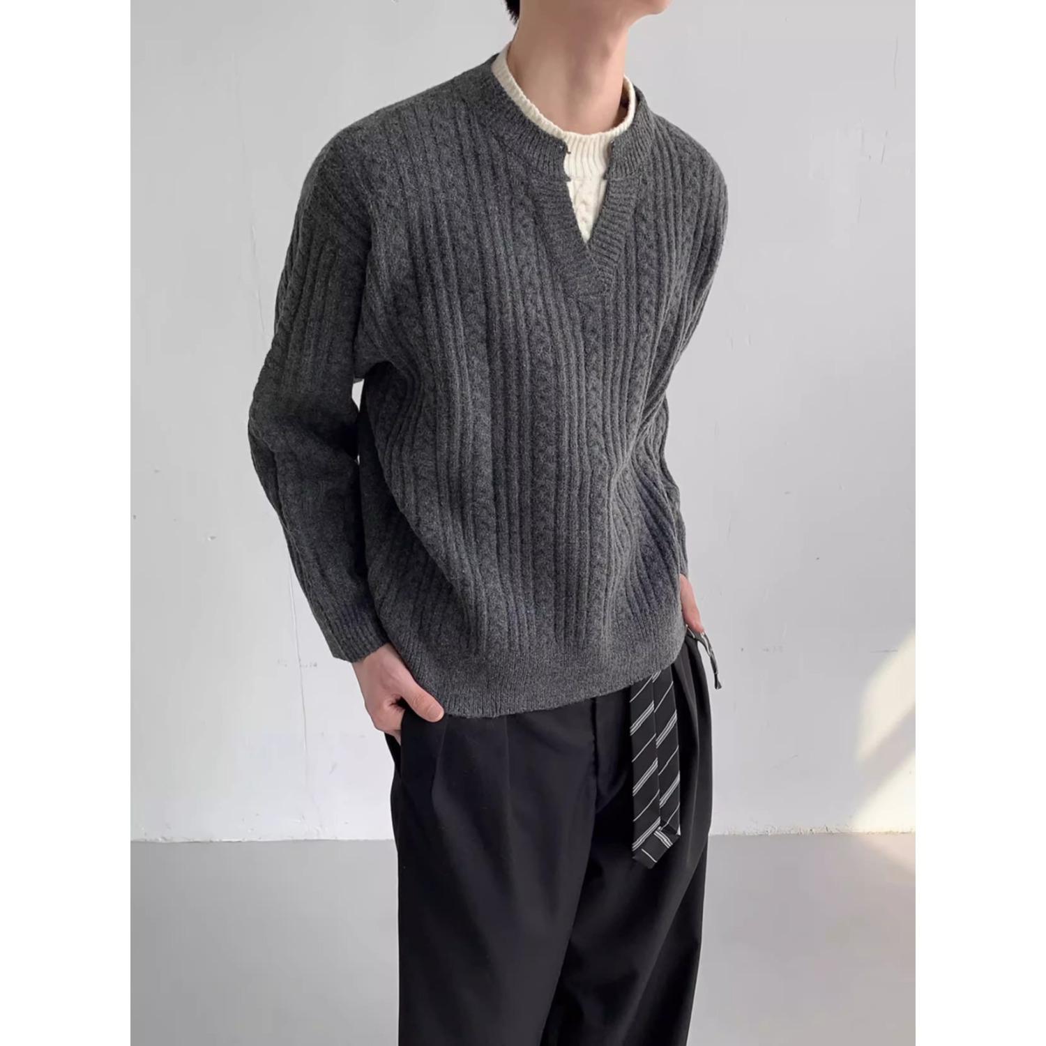 

Men s Retro Lazy Style Faux Two-Piece Sweater - Winter Versatile Knitwear for Trendy Casual Looks L сірий колір