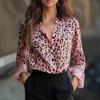 Spring Autumn Women's Leopard Print Blouse, Stretchy Satin Shirt with Button Down Design, Casual Loose Fit Top for Daily Wear