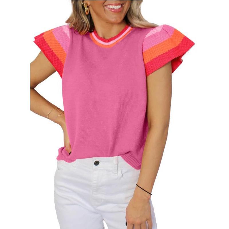 Women's Summer Round Neck Knit Top Clashing Colours Sweet Short Sleeve Sweater