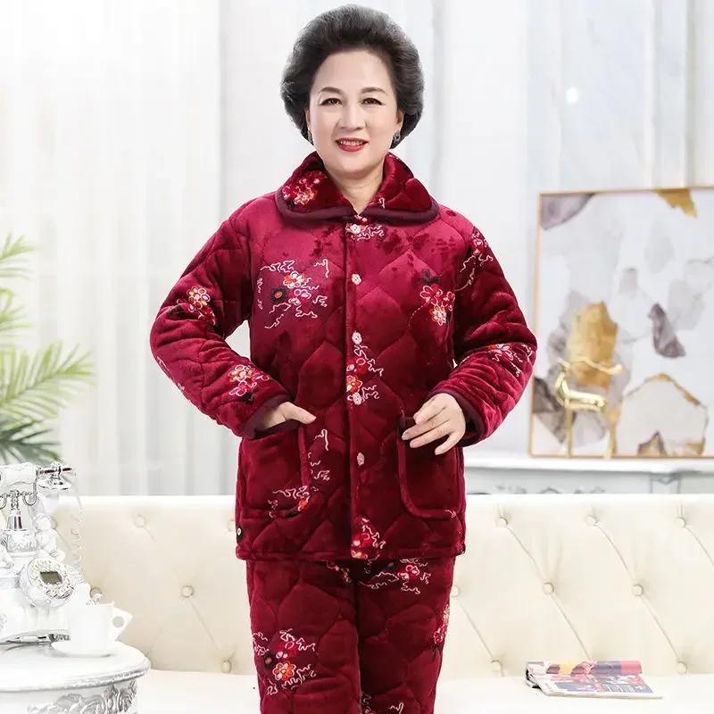 Sleepwear Women Winter Home Sleep Clothes Three Layer Thick Cotton Nightgown Flannel Coral Fleece Warm Coat Large Homewear Set